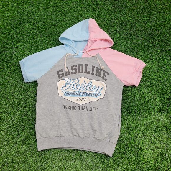 Vintage 80s Gasoline Hoodie Womens Medium 19x22 Gray Pink Blue - Picture 1 of 12